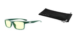 Gunnar Vertex Computer Glasses with green lenses and a durable nylon frame include a black soft pouch with "Gunnar" logo, offering blue light protection.