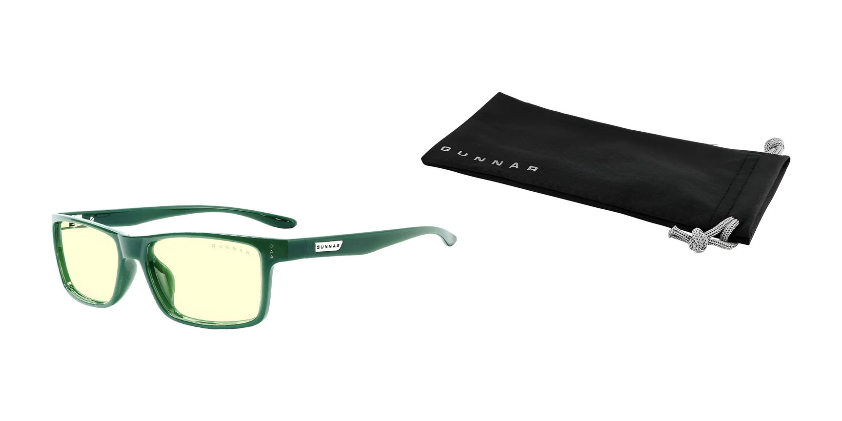 Gunnar Vertex Computer Glasses with green lenses and a durable nylon frame include a black soft pouch with "Gunnar" logo, offering blue light protection.