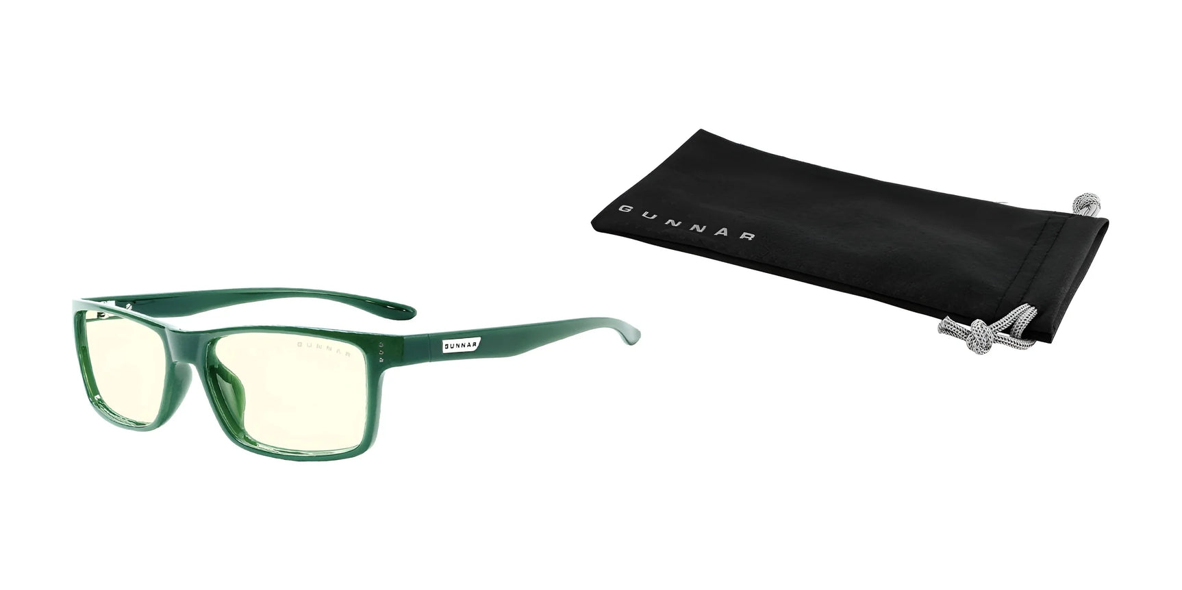 Green-frame Gunnars with tinted lenses provide blue light protection and come with a sleek black pouch labeled "GUNNAR." The durable nylon frame of these Gunnar Vertex Computer Glasses | Size 55 makes them stylish and resilient.