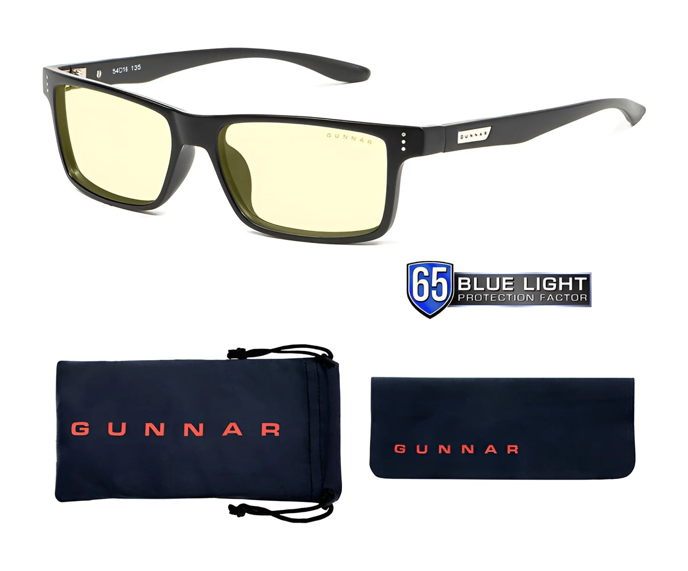 The Gunnar Vertex Computer Reading Glasses (Size 55) come with black rims, yellow lenses that block blue light, and provide added UV protection for your eyes. This eyewear package includes a carrying pouch and a case featuring the "65 Blue Light Protection" logo.