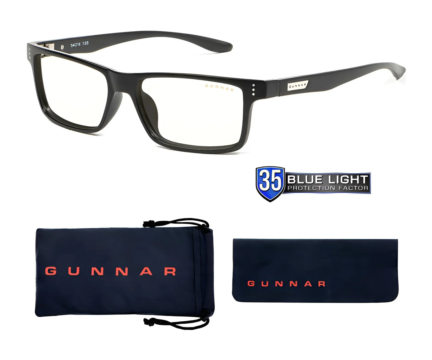 Introducing the Gunnar Vertex Computer Reading Glasses | Size 55, available in black with a rectangular frame. Featuring a 35 Blue Light Protection Factor, these glasses come with a branded pouch and case. Experience the unparalleled quality of Gunnar eyewear while stylishly protecting your eyes.