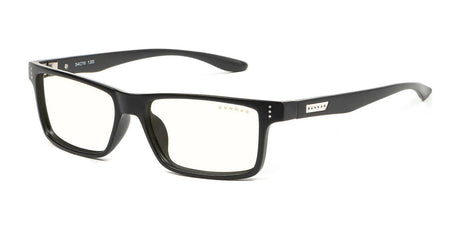 On a white background, the Onyx-colored Gunnar Vertex Computer Reading Glasses (Size 55) feature black frames with rectangular lenses, white text on the side, and slightly tinted lenses providing UV protection.