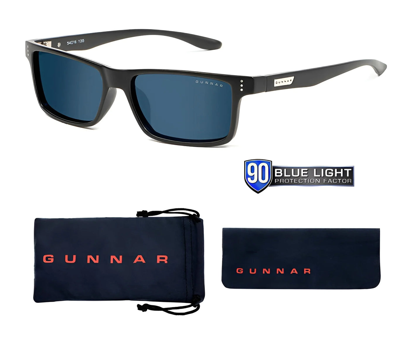 The Gunnar Vertex Computer Glasses in size 55 feature a black frame with blue lenses and display the GUNNAR logo on the temple. They offer a blue light protection factor, UV protection, and come with a case and pouch.