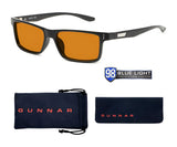 Gunnar Vertex computer glasses (size 55) featuring black frames and orange-tinted lenses, branded by Gunnar. The set includes a pouch and case, and boasts a "98 Blue Light Protection Factor" label for superior blue light and UV protection.