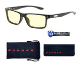 Gunnar Vertex Computer Glasses in black, size 55, come with yellow-tinted lenses that offer superior UV protection and feature a "65 Blue Light Protection Factor" label. They also include a soft case and cleaning cloth.