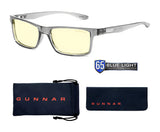 The Gunnar Vertex Computer Glasses | Size 55 provide UV protection with yellow-tinted lenses and include a protective case and cleaning cloth.