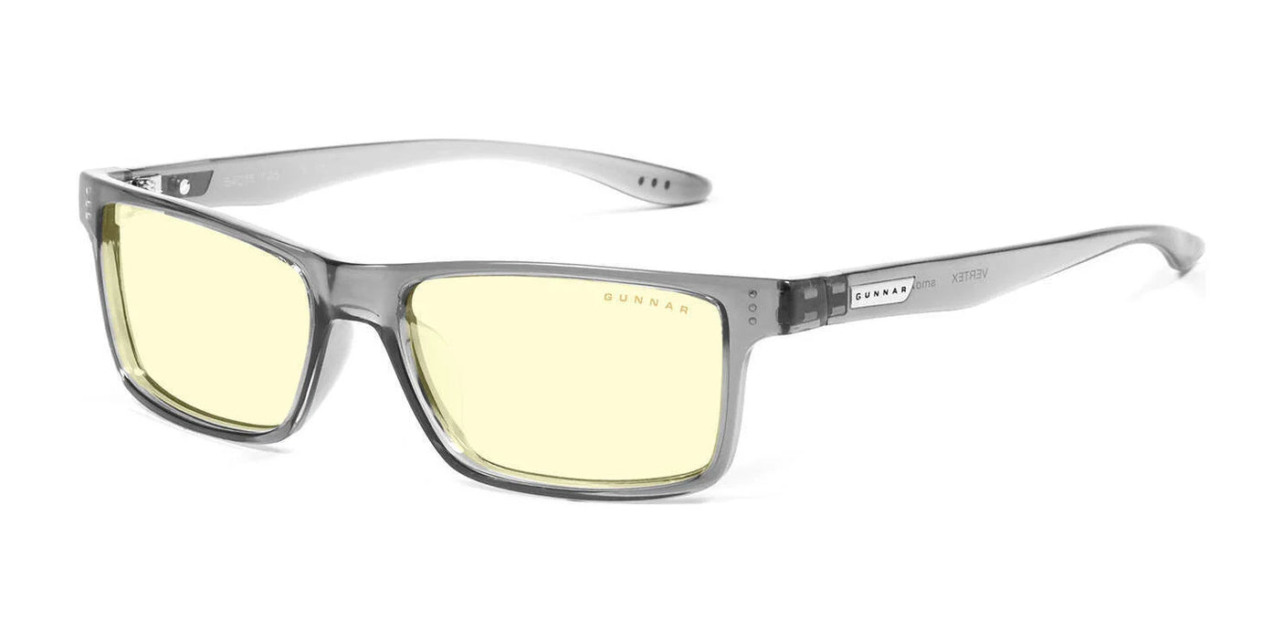 The Gunnar Vertex Computer Glasses in Gray Crystal, size 55, feature rectangular yellow-tinted lenses that provide UV protection and block blue light.