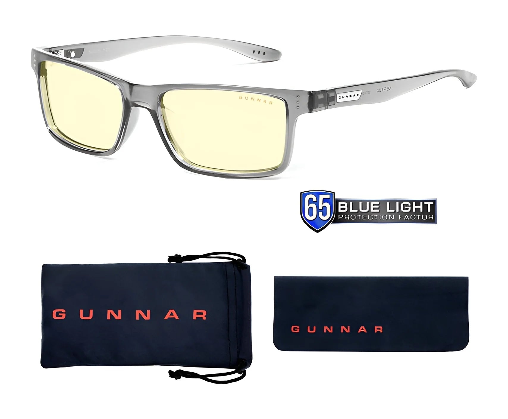 Clear gray Gunnar Vertex Computer Reading Glasses, size 55, feature yellow-tinted lenses that provide blue light blocking and UV protection. They come with a fabric case and cleaning cloth, and showcase the iconic GUNNAR eyewear blue light protection logo.