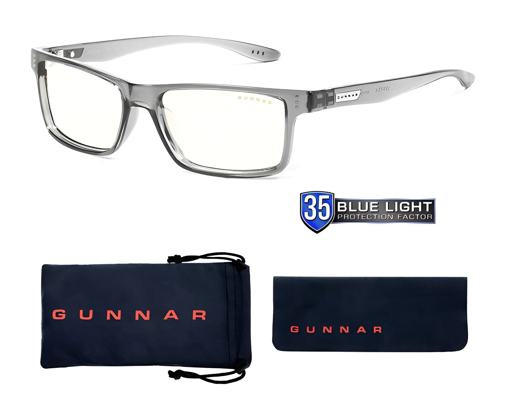 Image featuring Gunnar Vertex Computer Reading Glasses | Size 55, renowned for their blue light blocking technology, complete with a sleek black carrying pouch and cleaning cloth by Gunnar.