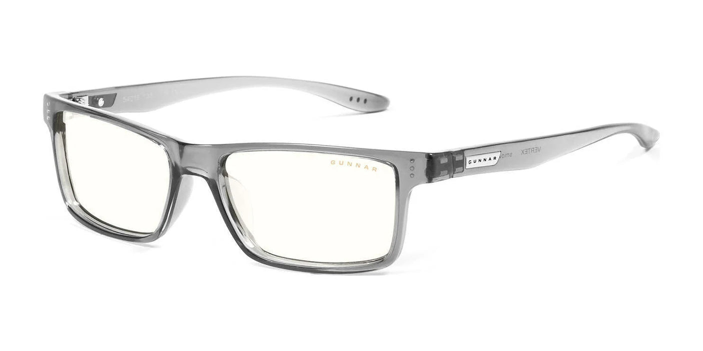 Gunnar Vertex Computer Reading Glasses (Size 55) in Gray Crystal with yellow-tinted lenses and blue light UV protection, featured on a white background.