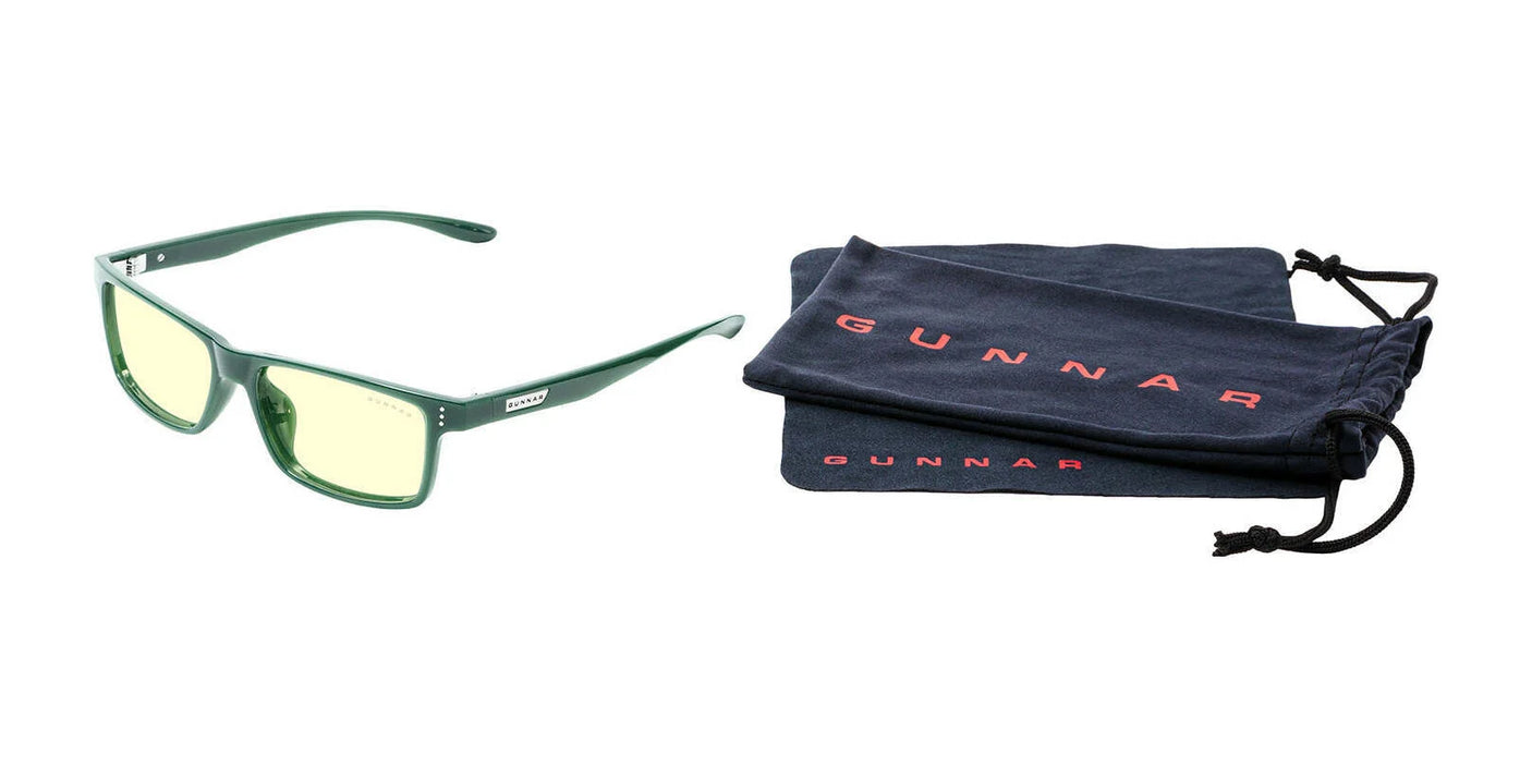 Green rectangular Gunnar Vertex Computer Glasses (Size 55) with yellow-tinted lenses designed to filter blue light, placed next to a black drawstring pouch featuring the brand name "Gunnar" written in red.