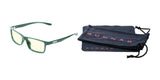 The Gunnar Vertex Computer Glasses | Size 55, featuring a green frame with blue light and UV protection, come in a soft black drawstring pouch displaying the brand name "GUNNAR" in red text.