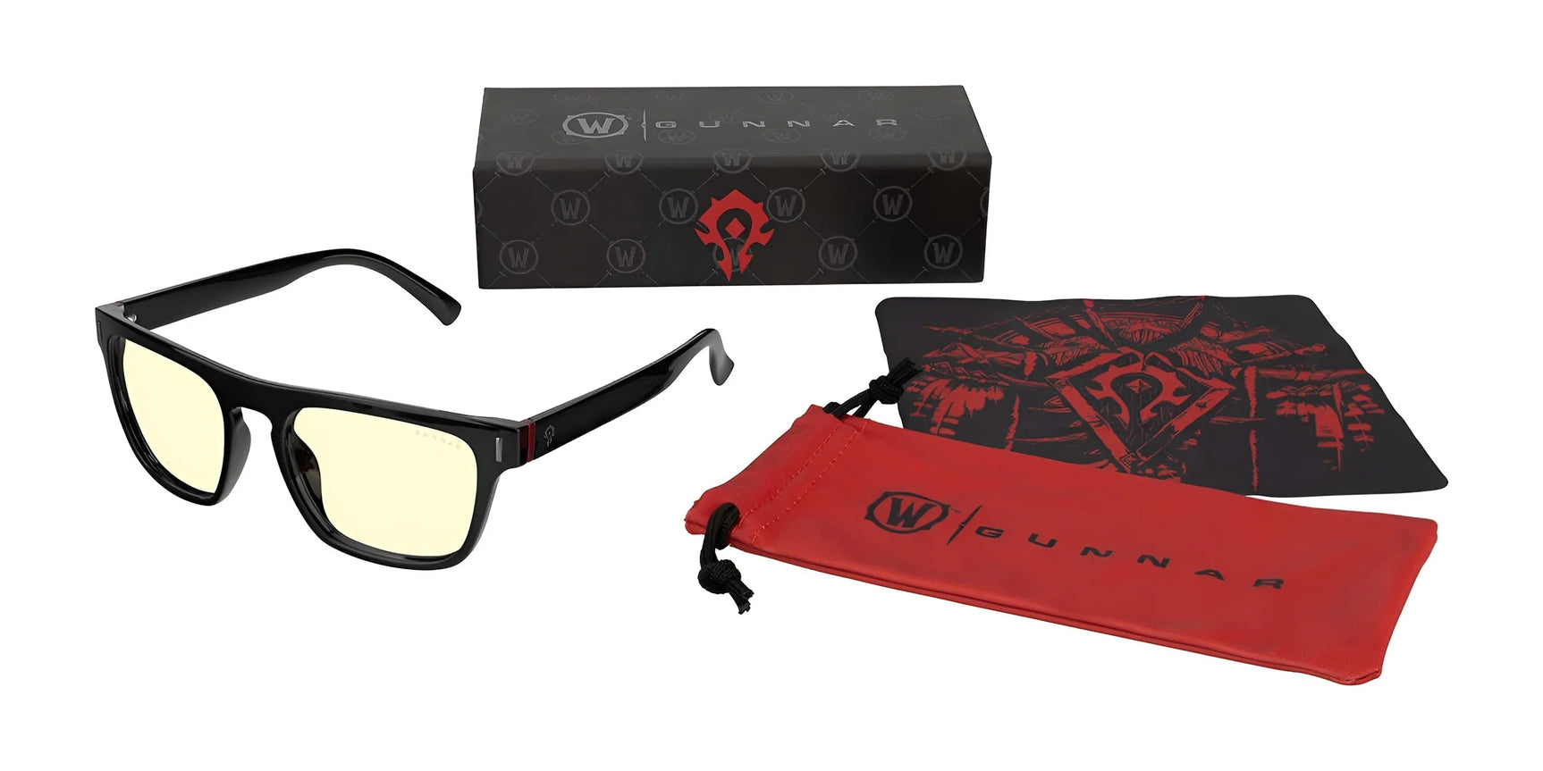 Check out the Gunnar World of Warcraft Horde Edition Computer Glasses, featuring black frames with yellow lenses using GUNNAR's patented tech. Comes with a case, cloth, and soft pouch all emblazoned with logos ideal for any WoW enthusiast.