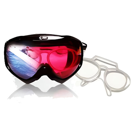 A person skiing is reflected in red ski goggles, paired with transparent white internal frames that feature the Heavyglare Eyewear Prescription Goggle Inserts | Universal Rx Adapter.