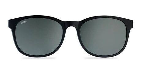 Front view of Hobie Eyewear Bells Clip-On sunglasses by Hobie Eyewear, featuring black frames, polarized polycarbonate lenses, and 100% UV protection on a white background.