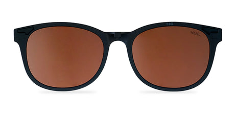 Front view of Hobie Eyewear Bells Clip-On black-framed sunglasses with brown-tinted, polarized polycarbonate lenses offering 100% UV protection on a white background from Hobie Eyewear.