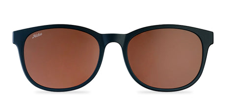 A pair of Hobie Eyewear Bells Clip-On sunglasses, featuring black frames and polarized brown polycarbonate lenses, viewed from the front against a white background.