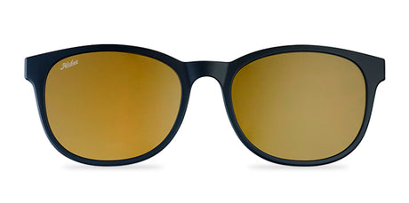 Hobie Eyewear Bells Clip-On sunglasses by Hobie Eyewear feature black frames and reflective amber lenses that offer 100% UV protection, photographed against a white background.