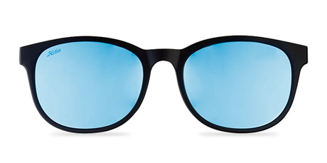 Hobie Eyewear Bells Clip-On black-framed sunglasses with blue-tinted polarized polycarbonate lenses, offering 100% UV protection, set against a white background.