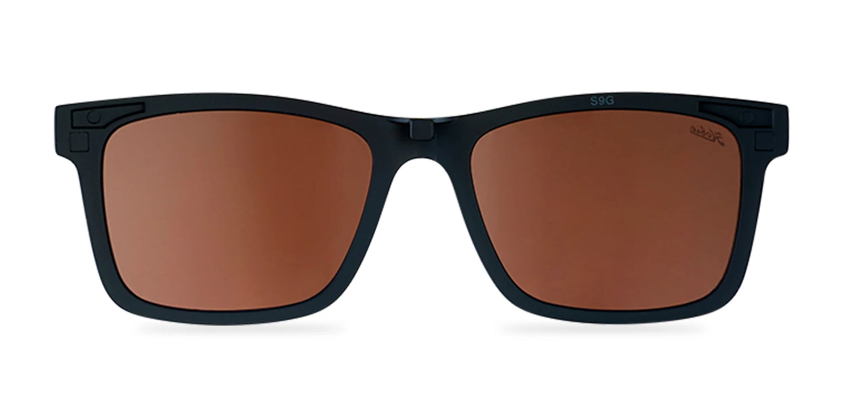 Hobie Eyewear's Lennox Clip-On sunglasses featuring a sleek black frame and brown lenses, offering superior UV protection, shown against a white background.