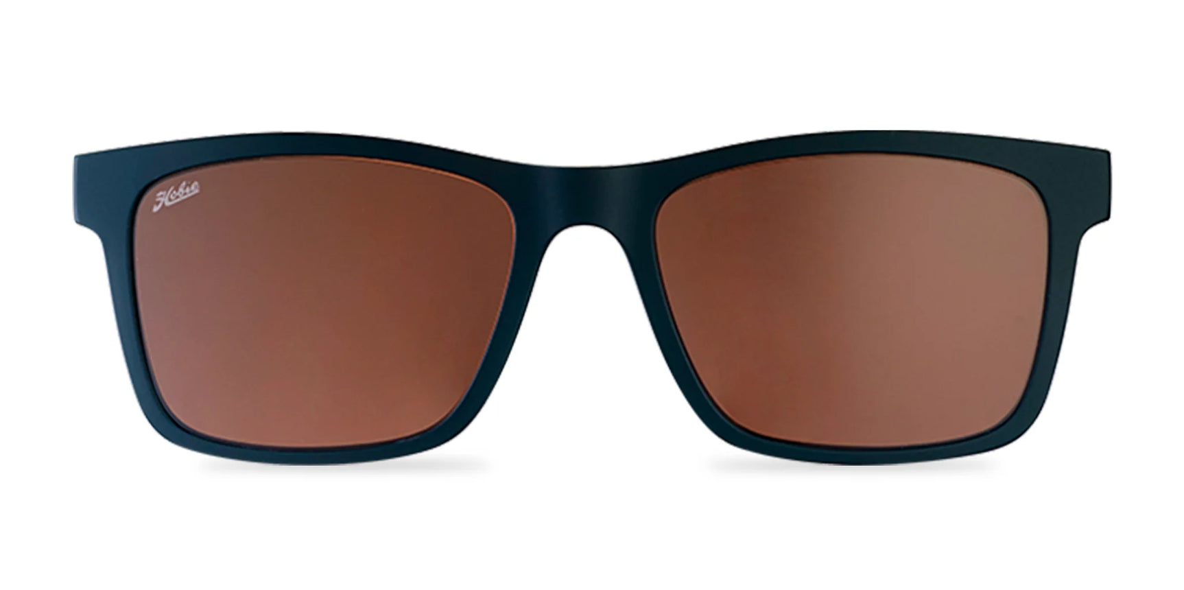 Hobie Eyewear Lennox Clip-On sunglasses with black frames and brown lenses offering UV protection, placed against a white background.