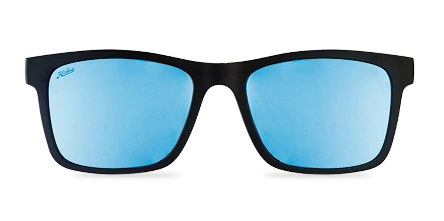 A pair of Hobie Eyewear Lennox Clip-On sunglasses with blue reflective lenses and UV protection, viewed from the front.