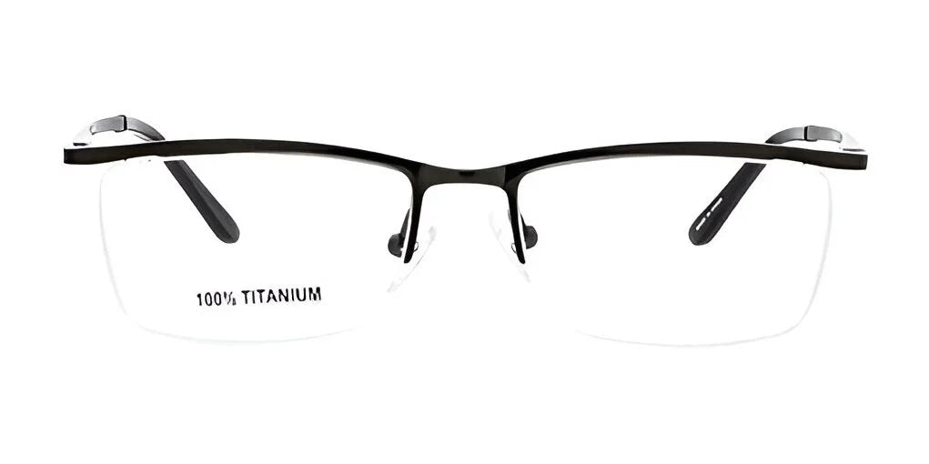 The John Raymond ACE Eyeglasses in size 53 showcase luxury eyewear with their black, semi-rimless design and "100% titanium" elegantly displayed on the lens.