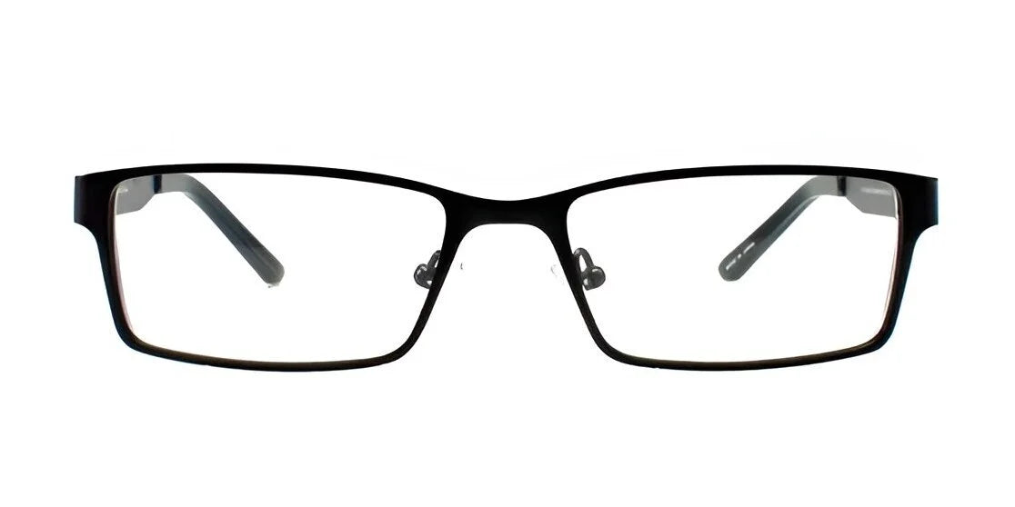 The John Raymond BACKSPIN Eyeglasses, available in Size 53 and featuring a sleek black rectangular design with precision lenses, are presented against a white background.