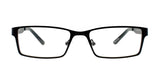 The John Raymond BACKSPIN Eyeglasses, available in Size 53 and featuring a sleek black rectangular design with precision lenses, are presented against a white background.