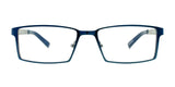 The John Raymond DRAW Eyeglasses in size 54 showcase a sleek blue rectangular design with clear lenses. Designed for men, these readers offer durability and comfort through a lightweight titanium frame.