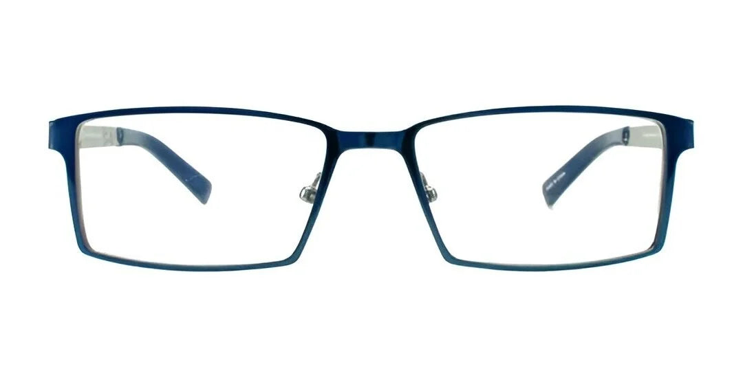 The John Raymond DRAW Eyeglasses in size 54 showcase a sleek blue rectangular design with clear lenses. Designed for men, these readers offer durability and comfort through a lightweight titanium frame.