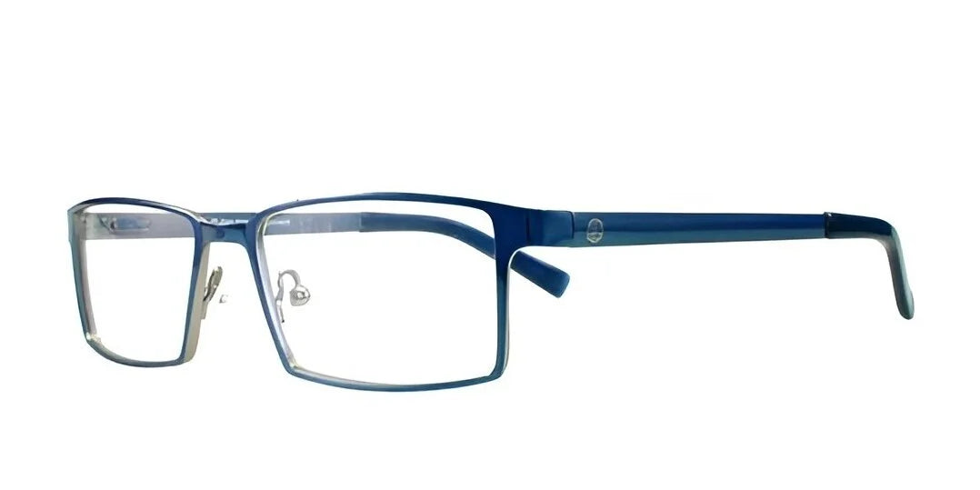 The John Raymond DRAW Eyeglasses | Size 54 boast a sleek aesthetic with blue rectangular lenses and robust metallic frames seen from the side. Ideal as fashionable men's readers, they provide a blend of sophistication and functionality for daily use.