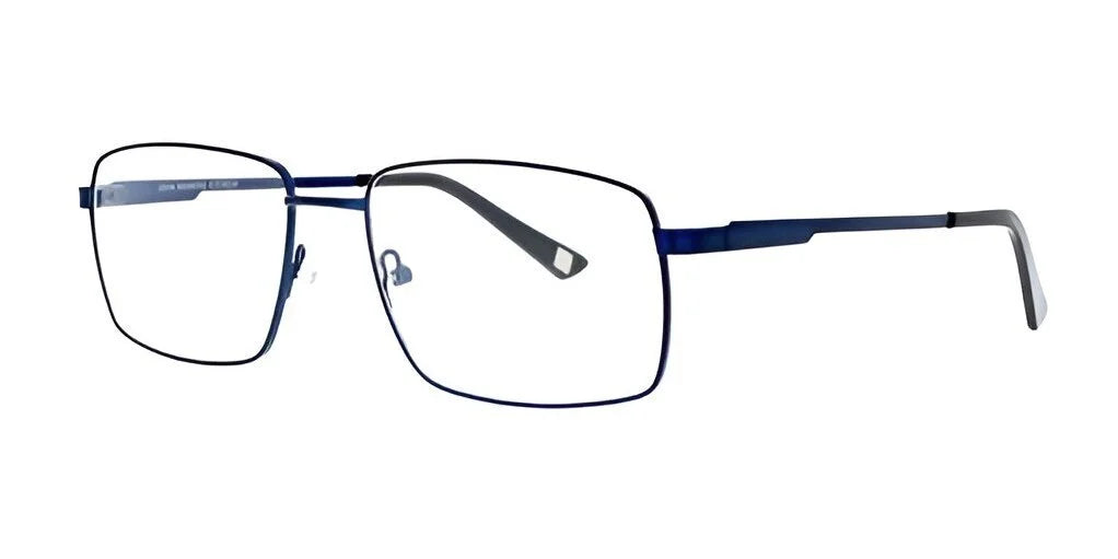 The John Raymond PAR Eyeglasses, featuring a sleek rectangular design in black and blue, boast slim full-rim metal frames set against a white background, highlighting their high-quality craftsmanship.