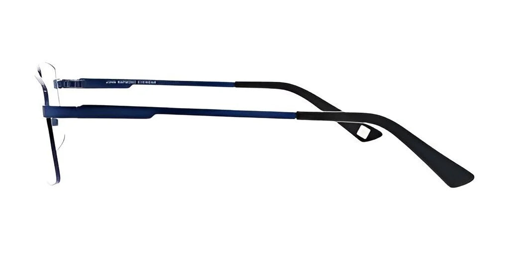 John Raymond PAR Eyeglasses in blue and black, showcasing their elegant full-rim frames with a minimalist and lightweight design, viewed from the side.