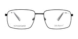 Black rectangular eyeglasses featuring high-quality full-rim frames, elegantly displaying "Ultimate Fit" on one lens and the John Raymond branding on the other. These are the John Raymond PAR Eyeglasses.