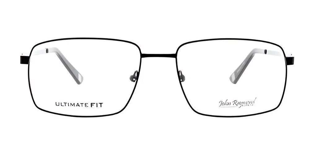 Black rectangular eyeglasses featuring high-quality full-rim frames, elegantly displaying "Ultimate Fit" on one lens and the John Raymond branding on the other. These are the John Raymond PAR Eyeglasses.