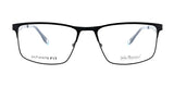 The John Raymond VECTOR Eyeglasses incorporate full-rim black rectangular frames with sleek, thin metal temples and clear lenses, making them ideal for a modern and sophisticated look.