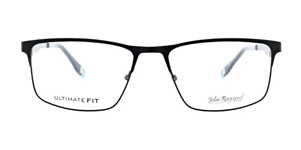 The John Raymond VECTOR Eyeglasses incorporate full-rim black rectangular frames with sleek, thin metal temples and clear lenses, making them ideal for a modern and sophisticated look.