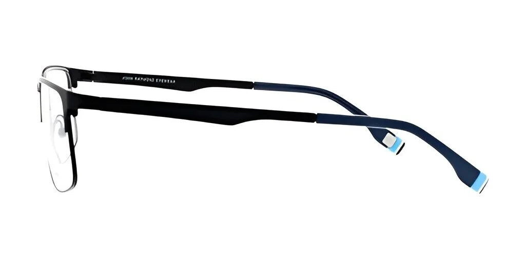 Side view of sleek black and blue John Raymond VECTOR eyeglasses featuring thin full-rim frames and rectangular lenses.