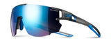 Julbo Aerospeed Sunglasses, featuring AEROSPEED and REACTIV Photochromic technology with reflective blue lenses, adapt to changing light. Their sleek translucent gray and blue frame makes them perfect for endurance athletes looking to enhance performance.