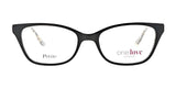 The One Love COMPASSION Eyeglasses in size 47, featuring a black cat-eye frame with clear lenses and patterned arms, proudly display the inscriptions "Petite" and "one love," symbolizing compassion. These distinctive eyeglasses serve as a chic reminder of charitable endeavors.