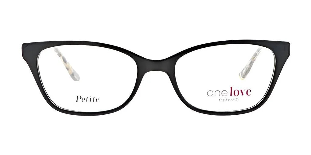 The One Love COMPASSION Eyeglasses in size 47, featuring a black cat-eye frame with clear lenses and patterned arms, proudly display the inscriptions "Petite" and "one love," symbolizing compassion. These distinctive eyeglasses serve as a chic reminder of charitable endeavors.