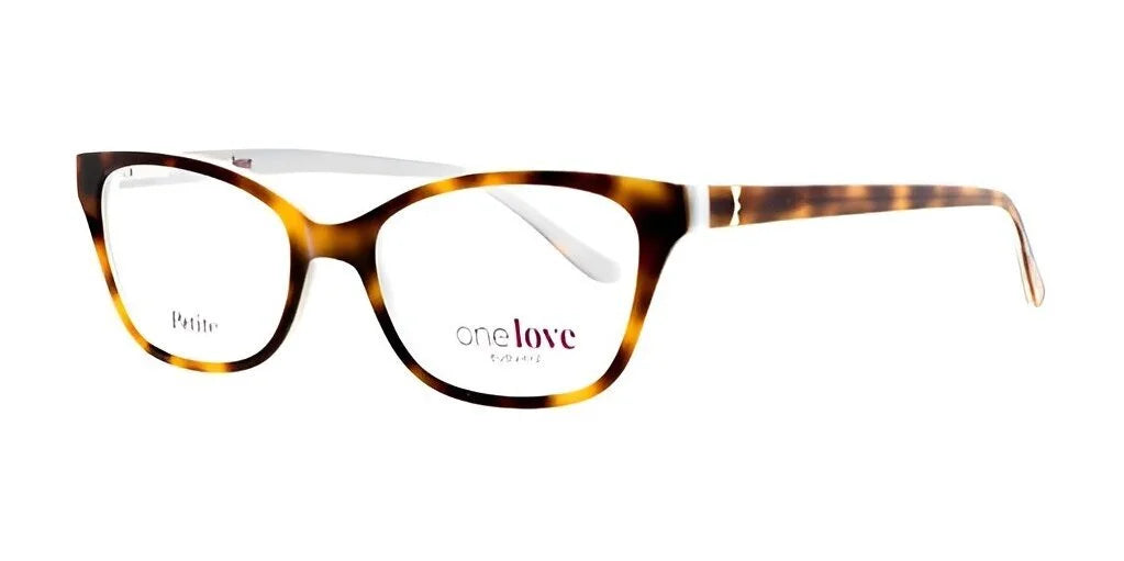 The tortoiseshell cat-eye eyeglasses from One Love, the COMPASSION model in Size 47, feature "One Love" and "Petite" elegantly inscribed on the lenses.