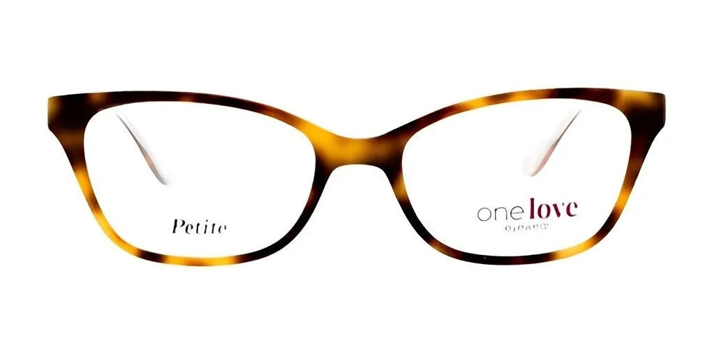 Introducing the One Love COMPASSION eyeglasses in size 47, crafted with a stylish cat eye design and a brown tortoiseshell finish. These chic glasses feature the words "Petite" and "one love" subtly inscribed on the lenses, offering an elegant touch of compassion and style to your look.