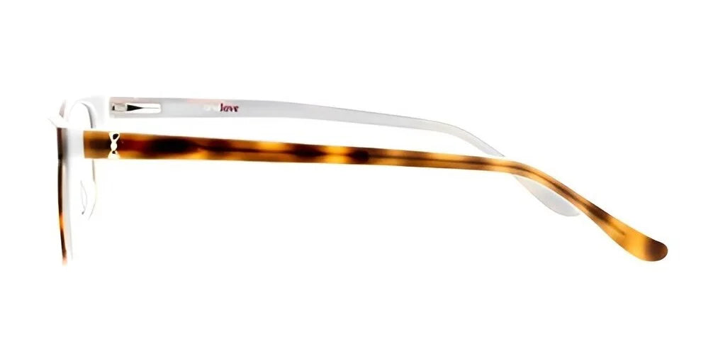 A side view of the One Love COMPASSION Eyeglasses in a chic tortoiseshell cat-eye design, featuring sleek white temples on a pristine white background.