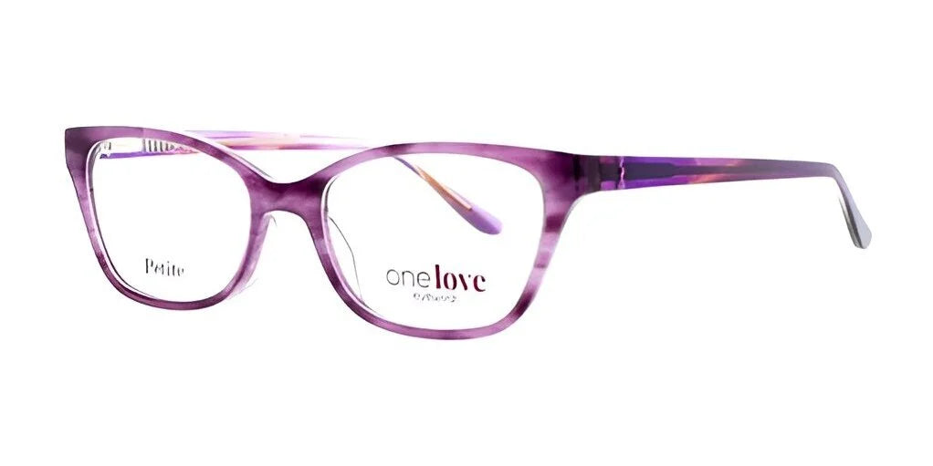 The One Love COMPASSION Eyeglasses in size 47 showcase a sleek rectangular frame in purple, enhanced by subtle color variations along the arms.