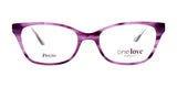 The Compassion Eyeglasses by One Love are purple cat-eye glasses that elegantly feature "Petite" and "one love" inscribed on the lenses, available in size 47.