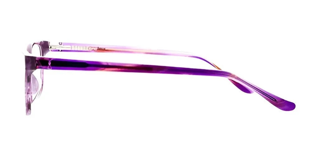 Side view of One Love COMPASSION Eyeglasses | Size 47, showcasing translucent purple gradient lenses and slender arms in a minimalist cat eye design.