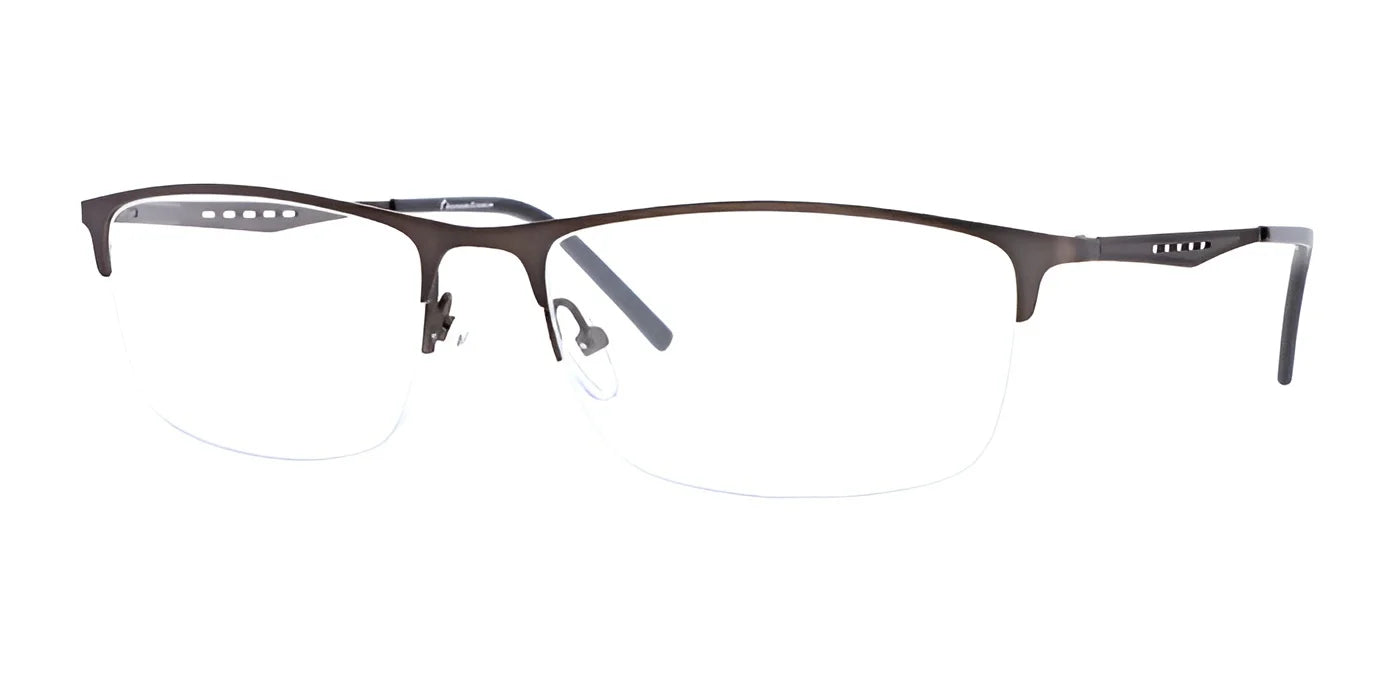 The Preferred Stock BOND Eyeglasses boast a refined look with their sleek metal frame and rimless design, featuring clear lenses set against a tan background, embodying the style of premium stock.