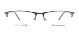 Front view of brown, semi-rimless eyeglasses displaying the words "Preferred Stock" and "BOND Eyeglasses" on the lenses, featuring sleek stylish frames and adjustable temple arms for a personalized fit.